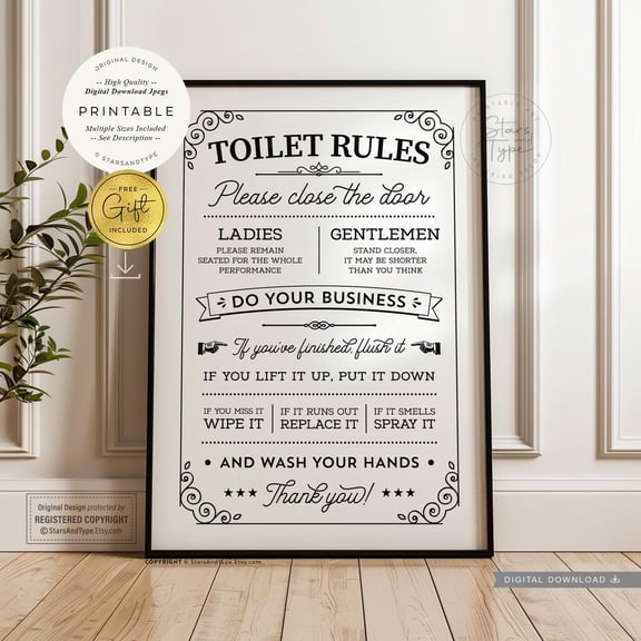 Toilet Rules Vintage Bathroom Quote Poster, Unframed Size 24x36