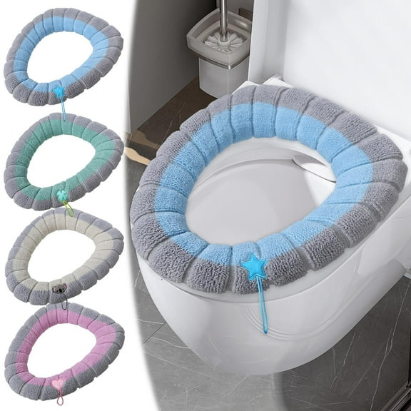 Toilet Seat Cover Pad | Thickened Knitted Polyester | Washable Soft Warm Winter Elongated & Round Fit | Handle Included | 2-Pack | High Elasticity | Full Surround Design