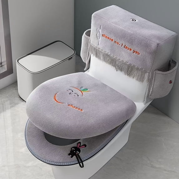 Toilet Seat Cover Set 3 Piece Gray Soft Padded Cushion and Dustproof Tank Cover for Round Toilets Home Bathroom Use Household Accessory for Dormitory Back to School Setup