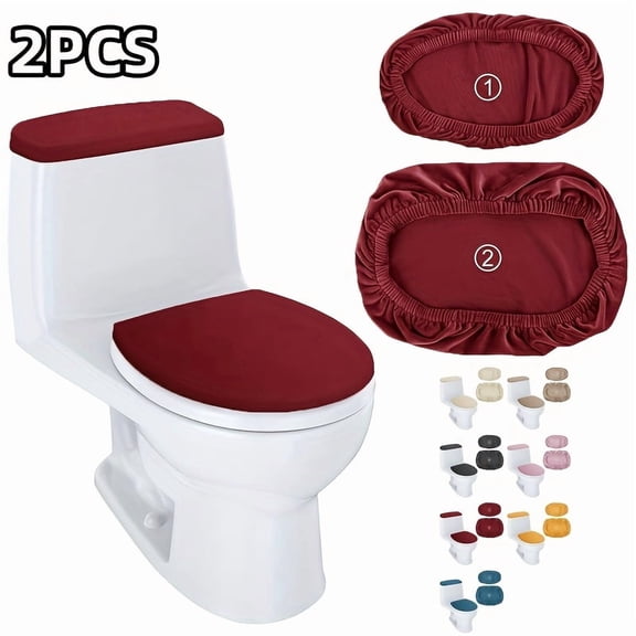 Toilet Seat Cover Set, Soft Plush 2 Piece Universal Burgundy Toilet Lid and Tank Cover, Stretch Fabric Bathroom Accessories for Household Hotel Dorm Use, Warm Non Slip Bathroom