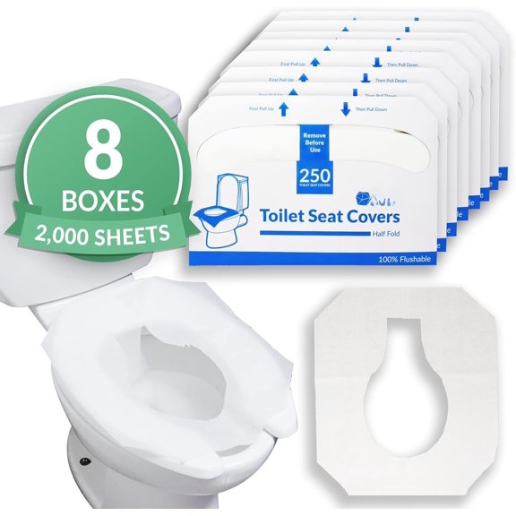 Toilet Seat Covers (2000 Pcs, 8 Packs of 250) | Disposable Toilet Seat Cover - Flushable - 14x16" (Half-Fold) | Paper Liners for Restroom, Bathroom, Travel, Camping, Potty