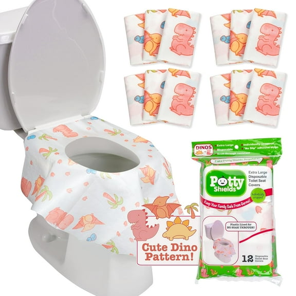 Toilet Seat Covers Disposable (12 pk, Dinosaurs) - XL Weatherproof Toilet Cover for Toddlers, Kids & Adults - Portable & Individually Wrapped for Travel, Potty Training, Public Restrooms