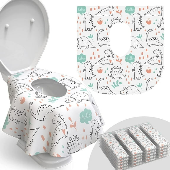 Scheam 20 Pcs Individually Wrapped Toilet Seat Covers for Toddlers and Adults,Extra Large Dinosaur Paper Potty Training Liners for Kids, Portablewith Non-Slip Adhesives, Potty Shield,Unisex