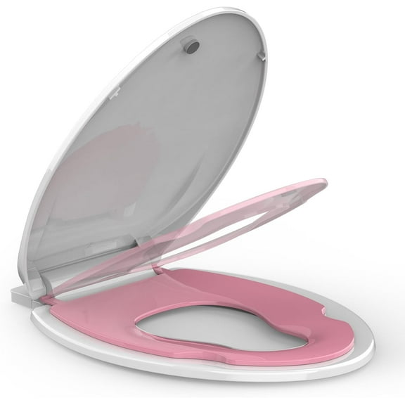 Toilet Seat Elongated,Toilet Seat with Toddler Seat Built in, Potty Training Toilet Seat Elongated Fits Both Adult and Child, with Soft Close, Easy Install and Clean - Elongated White and Pink