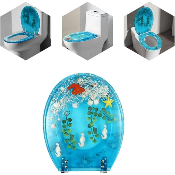 Toilet Seat Elongated Transparent Resin Toilet Seat Quiet And Slow Close Lid And Seat Easy Clean Home Bathroom Shells Decor Aquarium Seat Blue Sea Fish Shape Strong Hinges (blue)
