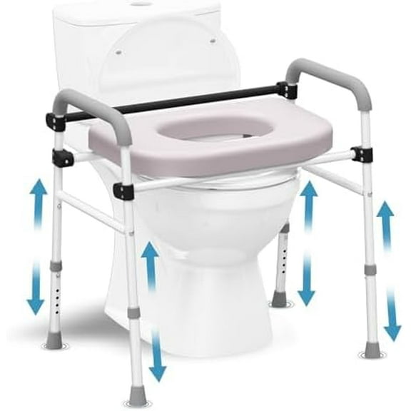 Toilet Seat Riser Adjustable Height Elevated Shower Commode Chair with Handles and Thick Soft Pad Heavy Duty 350lbs Bedside Commode Chair for Elderly Handicap Pregnant Easy to Assemble
