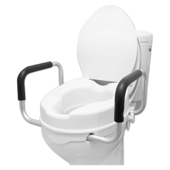 - Toilet Seat Riser with Handles 4 inch (Fits Round and Elongated up to 15"), Raised with Lid, Seniors