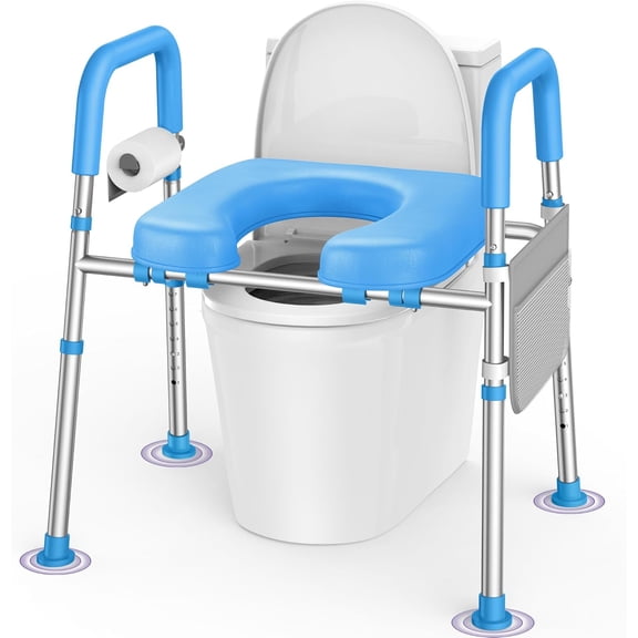 Toilet Seat Risers for Seniors with Handles, Adjustable Height and Width Elevated Toilet Seat, Tool-Free Assembly Padded Seat for Elderly Handicap, Fits Most Round and Elongated Toilets, Blue
