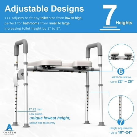 Toilet Seat Risers for Seniors, Adjustable Height & Width Raised Toilet Seat with Handles, Heavy Duty Handicap seat, Fit Any Toilet, Up to 400lbs