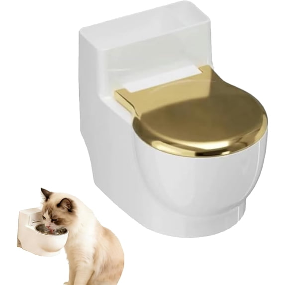 Toilet Shaped Cat Water Bowl, Wall-Mounted Pet Water Fountain with Lid & Stainless Steel Bowl, Novelty Dispenser for Dogs and Cats (Gold)