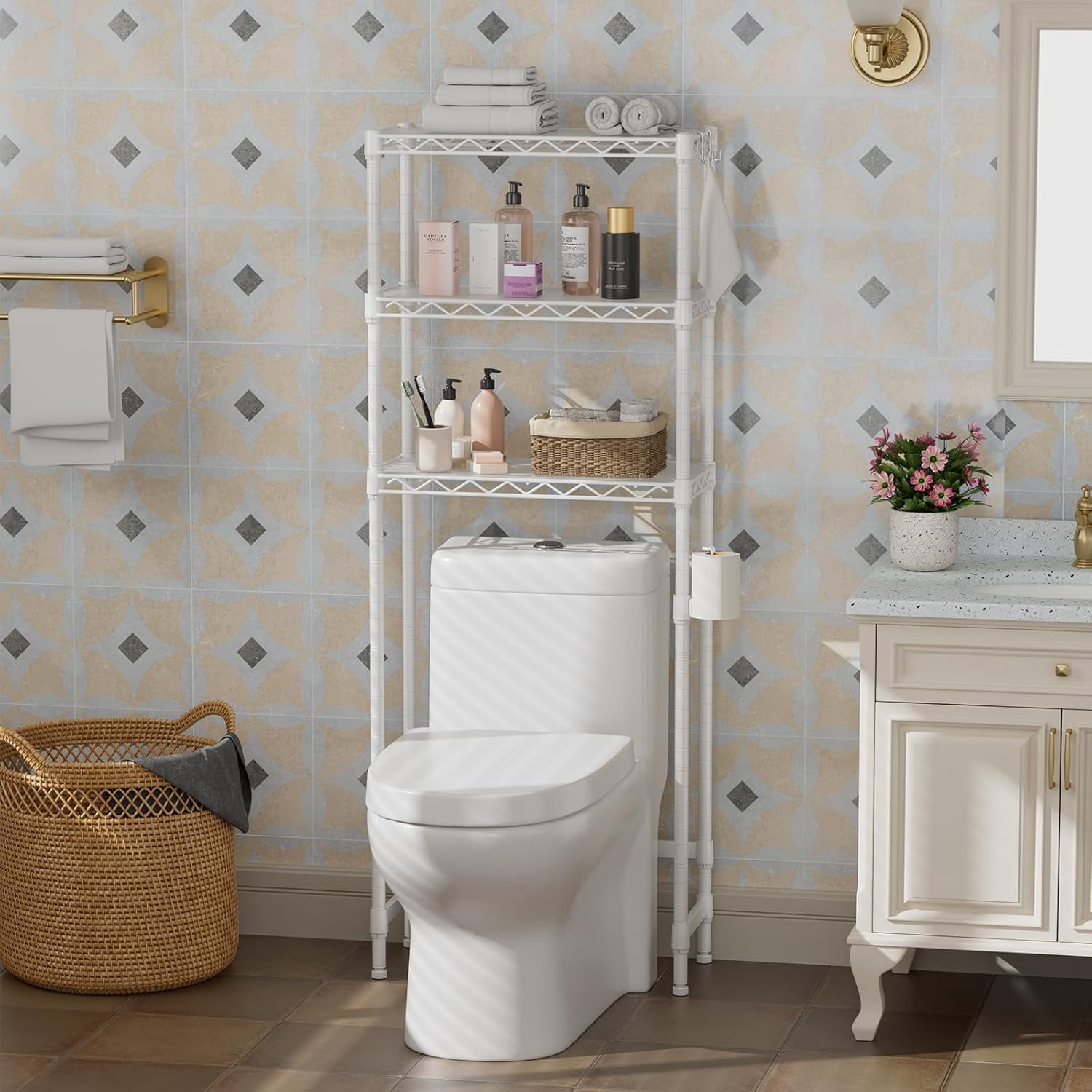 Over The Toilet Shelf, 3-Tier Adjustable Freestanding Metal Bathroom Organizer with Toilet Paper Holder & Hooks, Space-Saving White Storage for Small Bathrooms