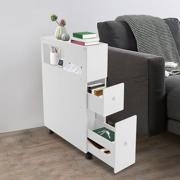 Toilet Slim Bathroom Storage Cabinet with Wheels,2 Drawers Narrow Floor Cabinets for Bathroom,White