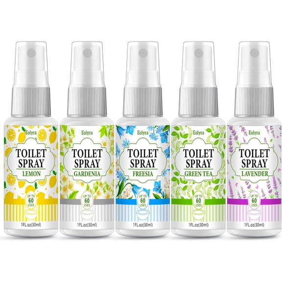 Toilet Spray, Bathroom Odor Eliminator, Each 1 Fl Oz Travel Size, Air Freshener Spray for Bathroom Deodorizer, 5 Pack Travel Essentials - Lemon, Gardenia, Freesia, Green Tea, Lavender