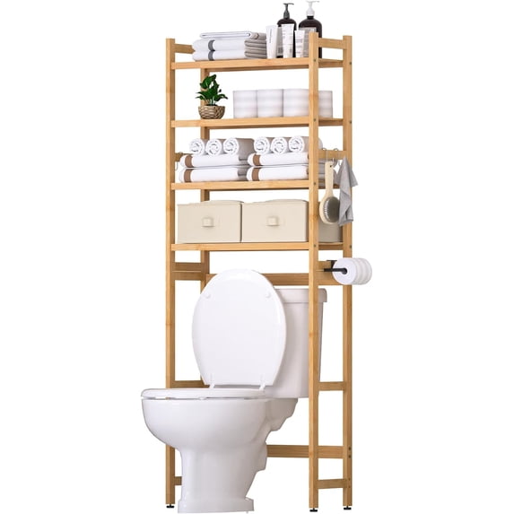 Over The Toilet Storage with 2 Baskets, 4-Tier Bamboo Organizer Rack with Paper Holder & 4 Hooks & Waterproof Feet Pad,Freestanding Shelf for Bathroom(Natural)