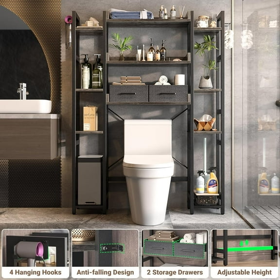 Over The Toilet Storage with 2 Drawers - iSunirm 11 Tier Bathroom Organizer Freestanding Space Saver Storage Rack with Adjustable Shelf & 4 Hooks for Restroom, Laundry, Black Oak