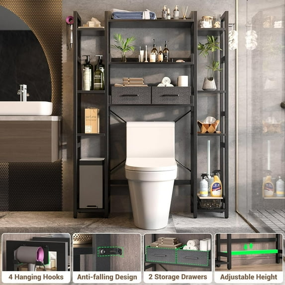 Over The Toilet Storage with 2 Drawers - iSunirm 11 Tier Bathroom Organizer Freestanding Space Saver Storage Rack with Adjustable Shelf & 4 Hooks for Restroom, Laundry, Black