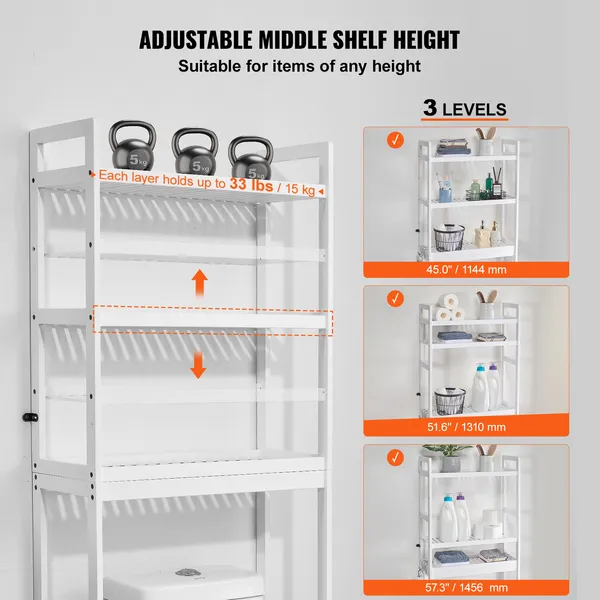 Over the Toilet Storage, 3-Tier Adjustable Over Toilet Bathroom Organizer, Bamboo Storage Shelf Rack with 3 Hooks, Freestanding Easy Assembly Laundry Space Saver, Fit Most Toilets, White