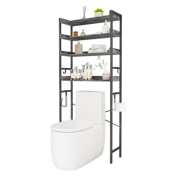 Over The Toilet Storage, 4-Tier Bathroom Organizer Over Toilet with Sturdy Bamboo Shelves, Multifunctional Toilet Shelf, Easy to Assemble and Saver Space, Gray