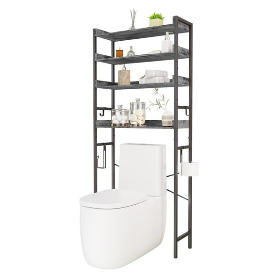 Over The Toilet Storage, 4-Tier Bathroom Organizer Over Toilet with Sturdy Bamboo Shelves, Multifunctional Toilet Shelf, Easy to Assemble and Saver Space, Gray