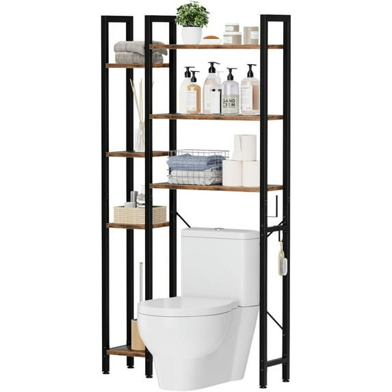 Over The Toilet Storage with 7-Tier Bathroom Organizer Shelf, Freestanding Space Saver with Hooks & Adjustable Feet, Storage Rack for Bathroom, Restroom, Laundry, Vintage