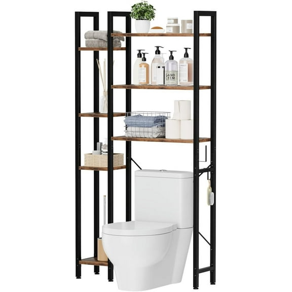 Over The Toilet Storage with 7-Tier Bathroom Organizer Shelf, Freestanding Space Saver with Hooks & Adjustable Feet, Storage Rack for Bathroom, Restroom, Laundry, Vintage
