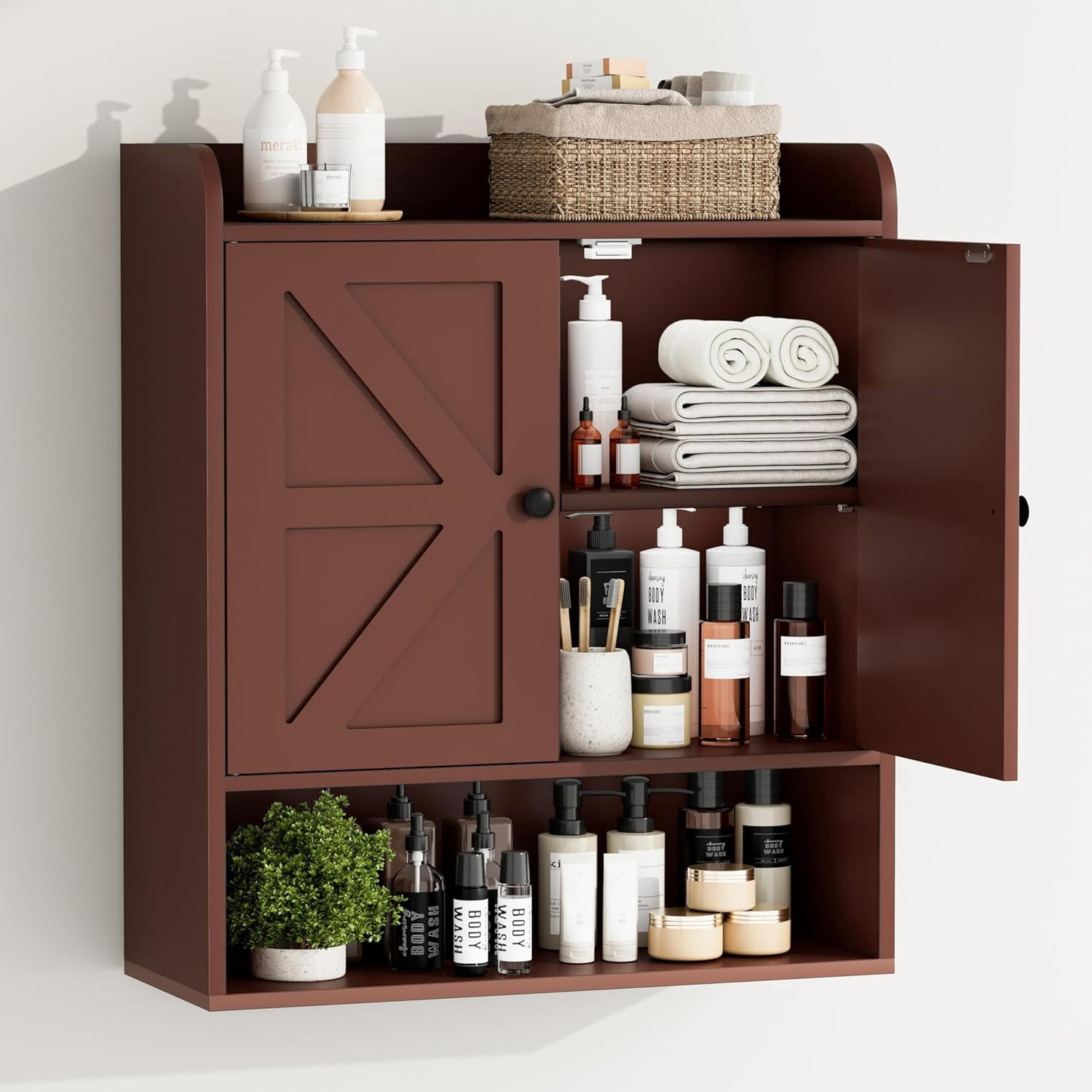 POAO Bathroom Wall Storage Cabinet, Wooden Medicine Cabinet with Adjustable Shelves and Double Barn Doors, Over The Toilet Storage Cabinet,Russet