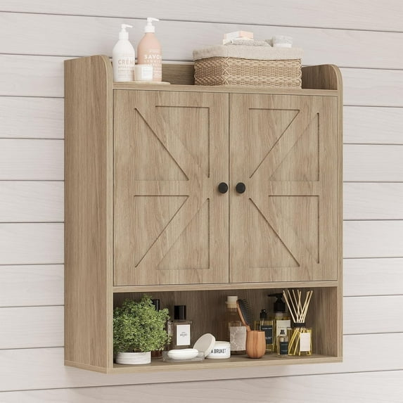 POAO Bathroom Wall Storage Cabinet, Wooden Medicine Cabinet with Adjustable Shelves and Double Barn Doors, Over The Toilet Storage Cabinet, Oak Grey