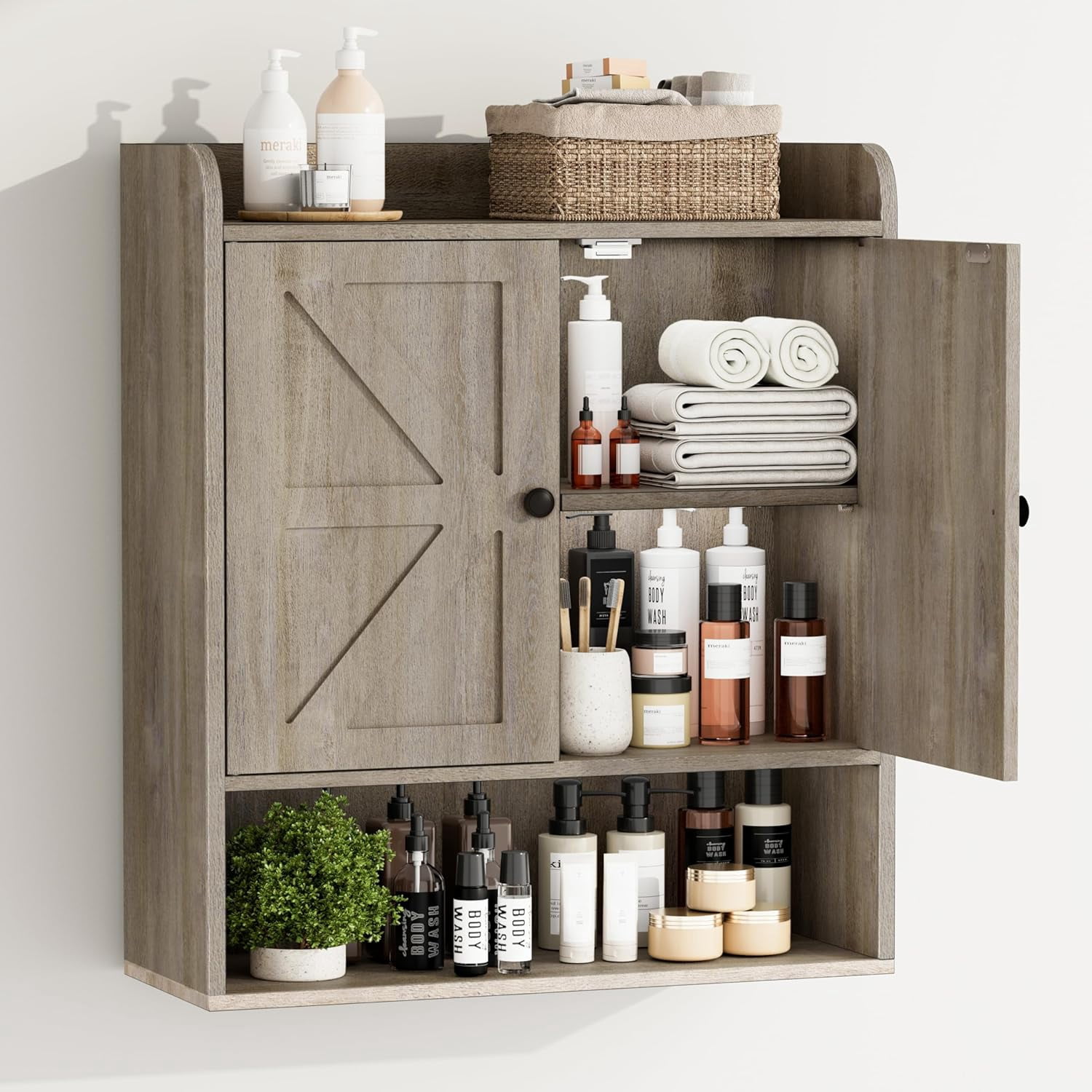 POAO Bathroom Wall Storage Cabinet, Wooden Medicine Cabinet with Adjustable Shelves and Double Barn Doors, Over The Toilet Storage Cabinet, Oak Grey
