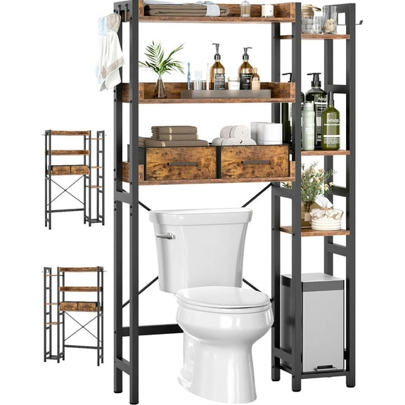Over The Toilet Storage with  Bathroom Organizer with Adjustable Shelf, Freestanding Space Saver Storage Rack Above Toilet Stand with 4 Hooks for, Restroom, Laundry