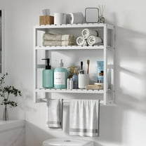 Over The Toilet Storage Bathroom Shelves Wall Mounted 3 Tier Space Saver Corner Shelf Organizer Bamboo Towel Rack Toilet Paper Cabinet with Hanging Rod White