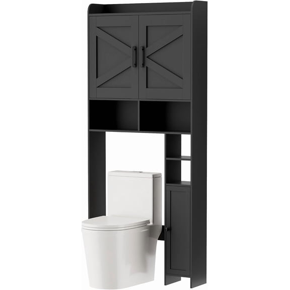 Over The Toilet Storage Cabinet with 2 Barn Door and Toilet Paper Holder Stand, FreeStanding Toilet Shelf Space Saver, for Bathroom, Restroom, Laundry, Black