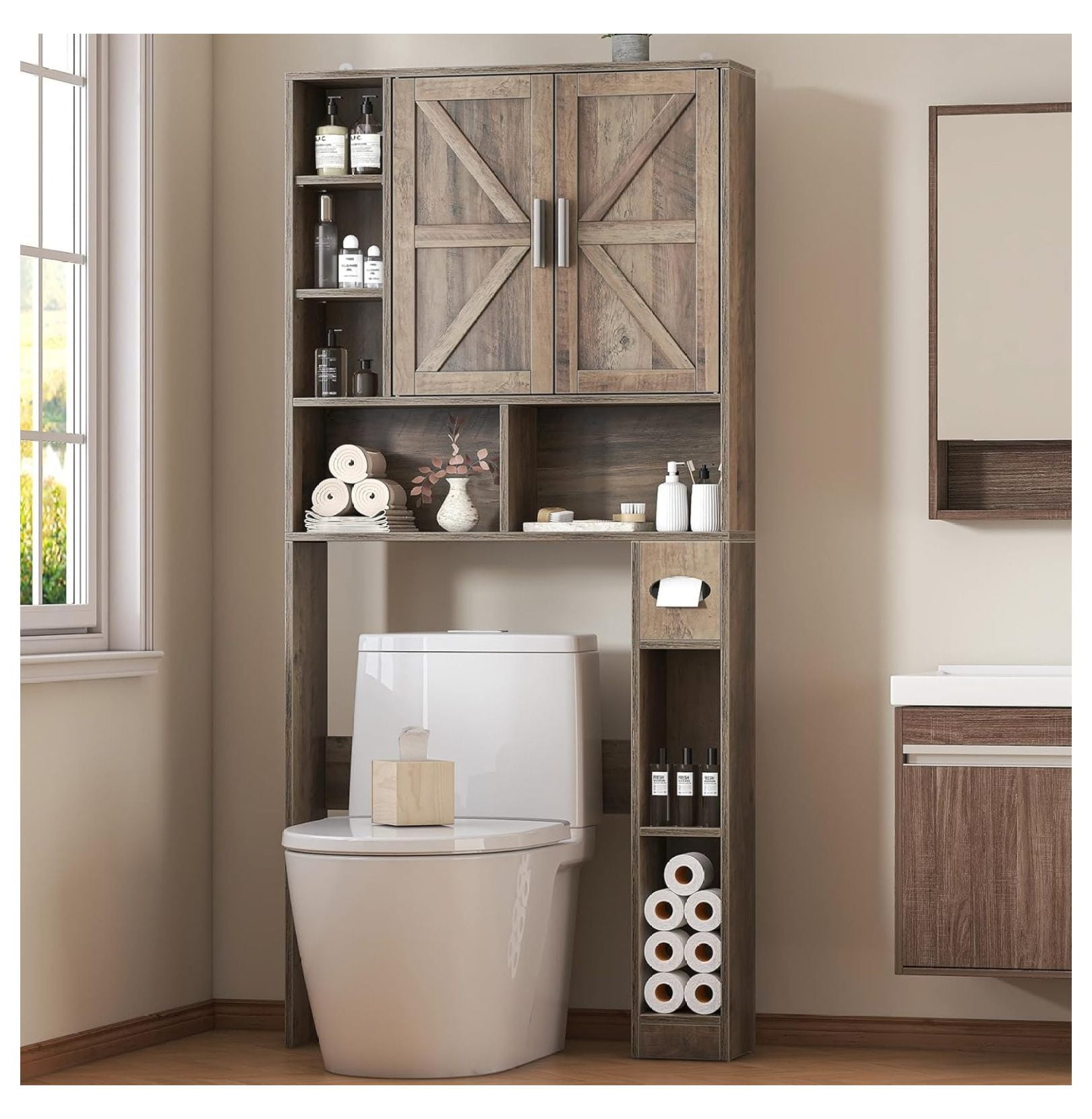 Over The Toilet Storage Cabinet with 2 Barn Doors and 10 Storage ...