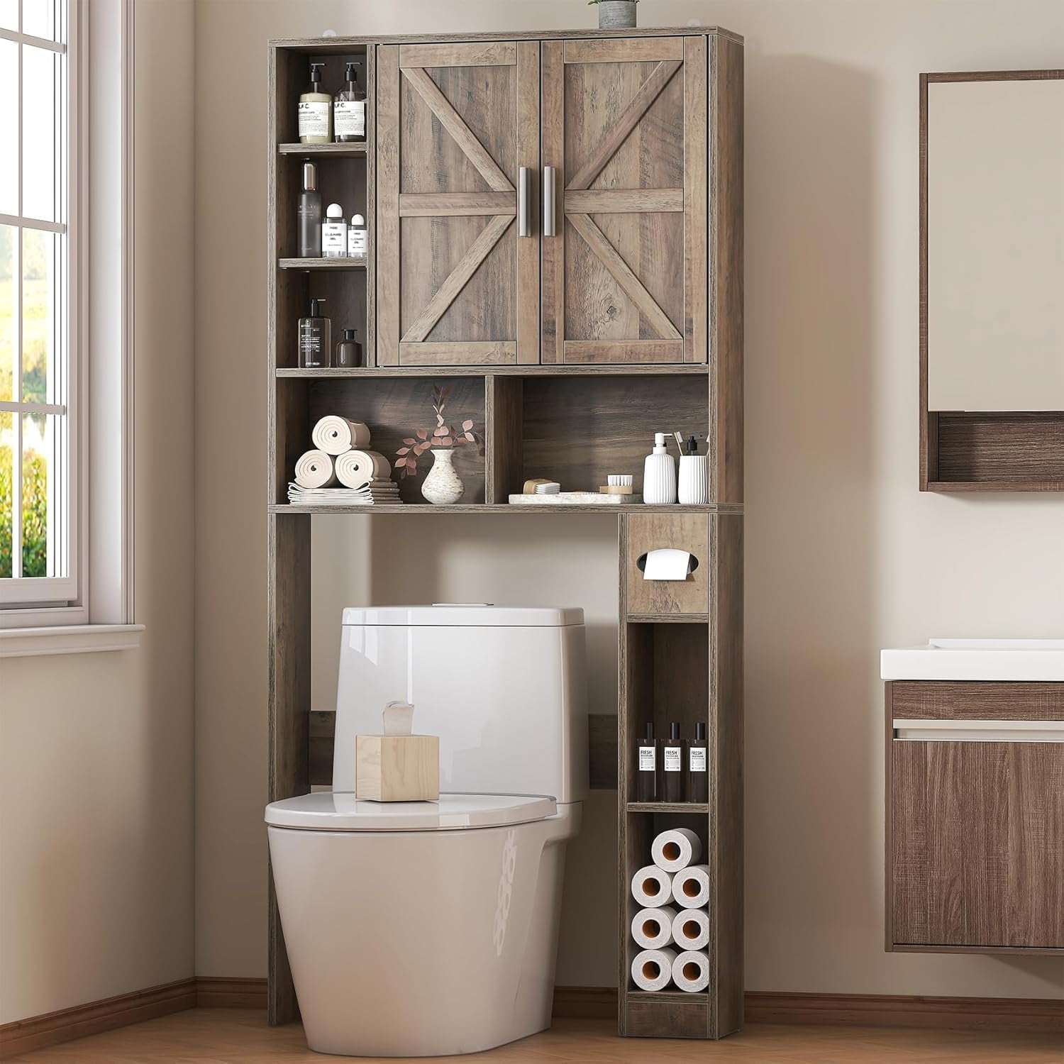 Over The Toilet Storage Cabinet with 2 Barn Doors and 10 Storage ...