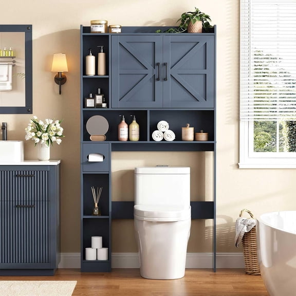 Over The Toilet Storage Cabinet with 2 Barn Doors, Blue | Farmhouse Storage Cabinet with Toilet Paper Holder Stand,Home Space-Saving Toilet Rack, for Bathroom, Restroom, Laundry