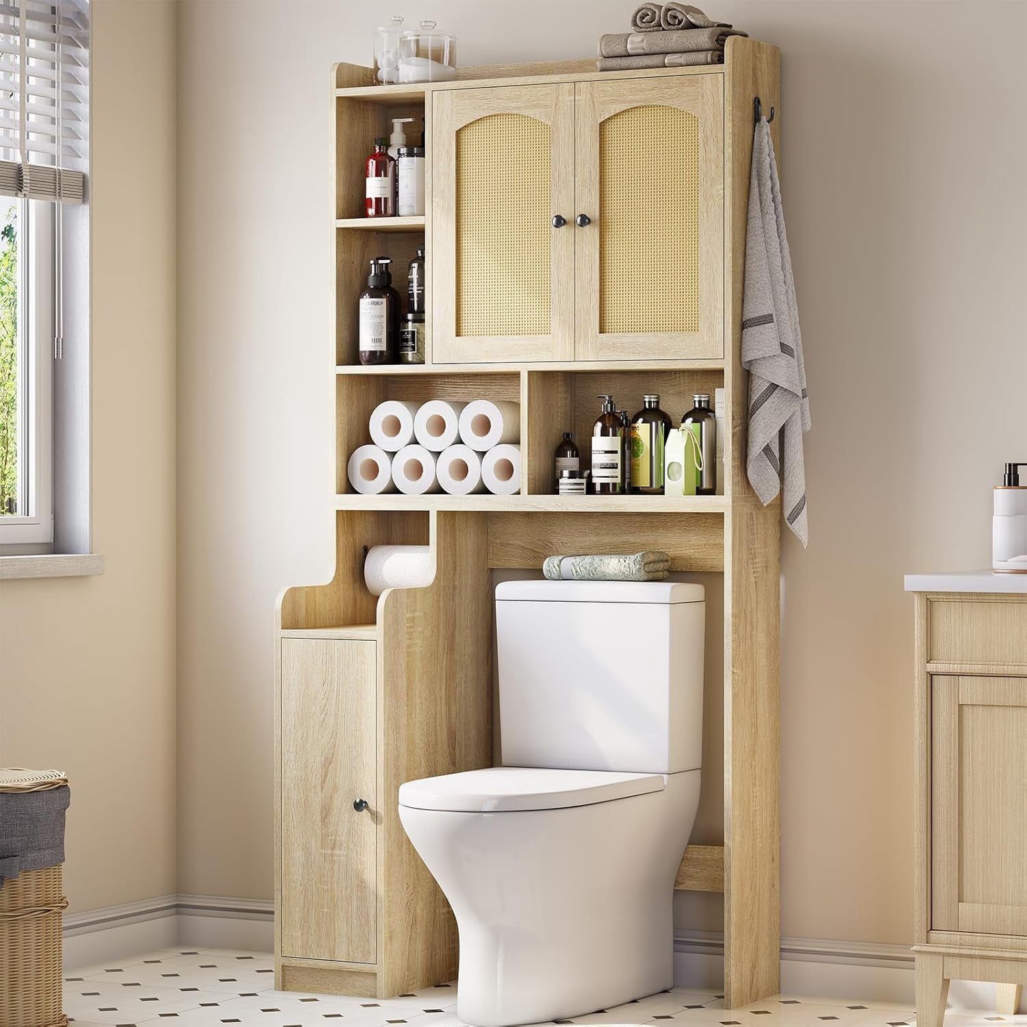 Over The Toilet Storage Cabinet with 3 Doors, Farmhouse Space Saver for Bathroom Organizer with Paper Holder, 10 Shelves and Hooks, 7-Tier Over Washing Machine Cabinet for Laundry, Bathroom, Natural
