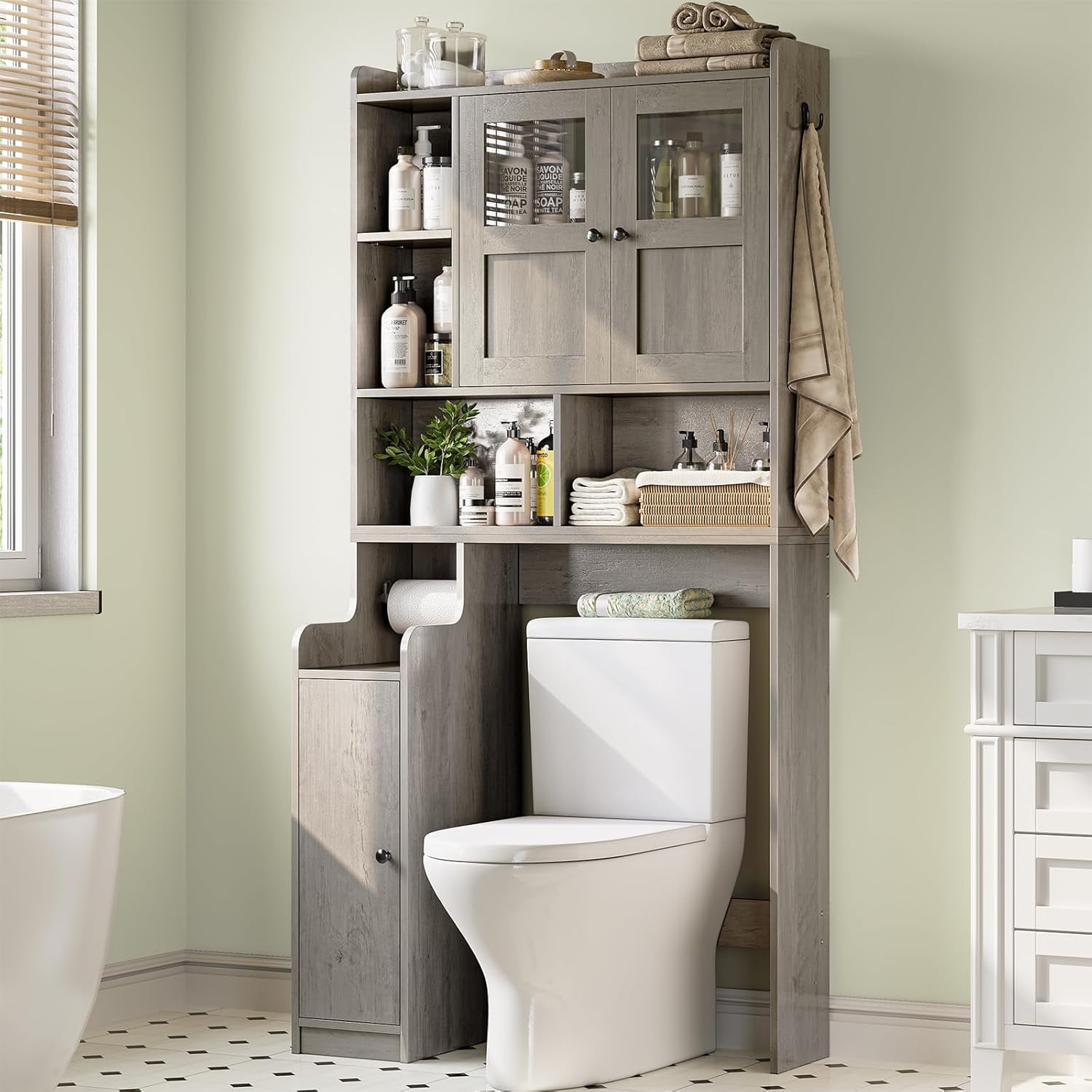 Over The Toilet Storage Cabinet with 3 Doors, Farmhouse Space Saver for Bathroom Organizer with Paper Holder, 10 Shelves and Hooks, 7-Tier Over Washing Machine Cabinet for Laundry, Bathroom, Grey