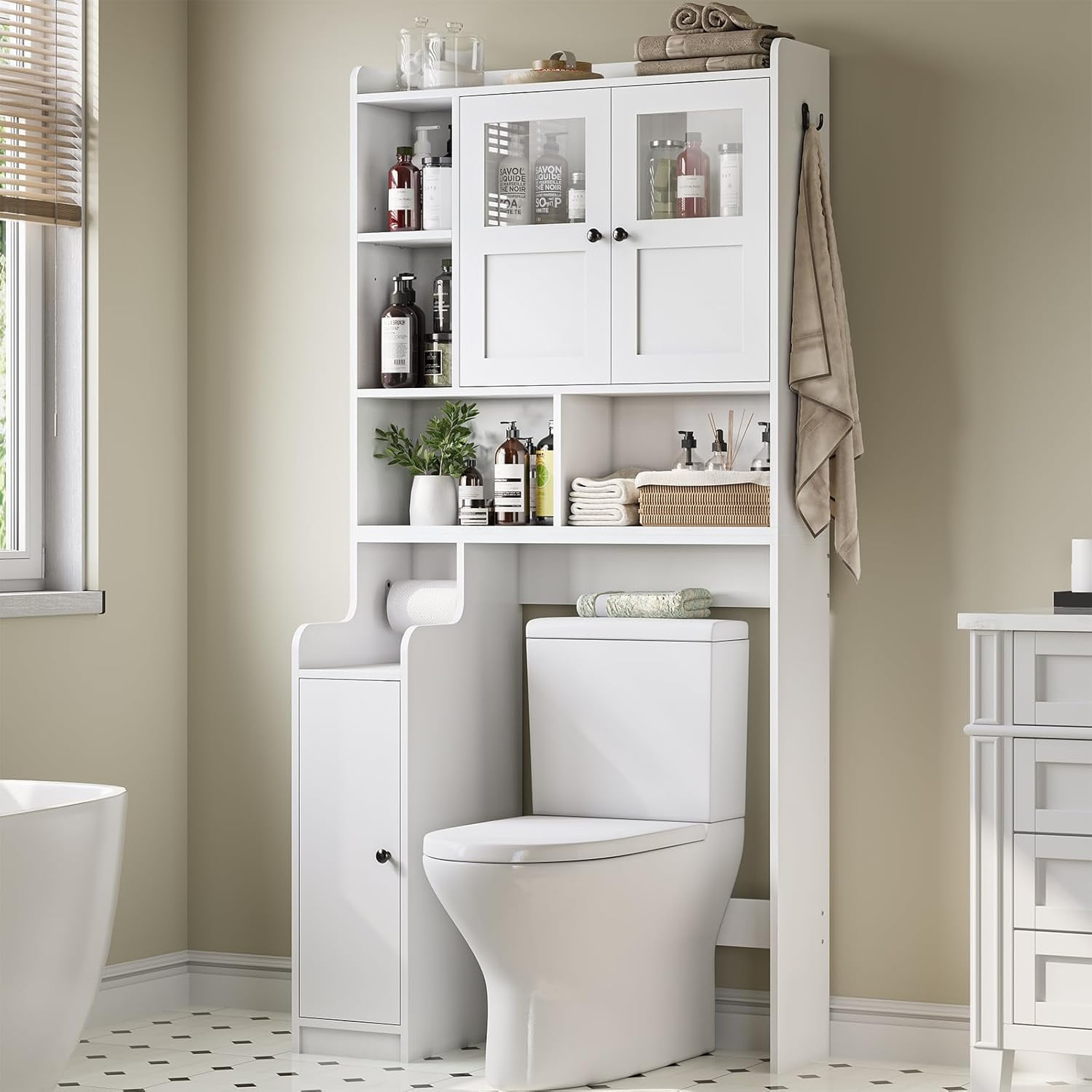 Over The Toilet Storage Cabinet with 3 Doors, Farmhouse Space Saver for Bathroom Organizer with Paper Holder, 10 Shelves and Hooks, 7-Tier Over Washing Machine Cabinet for Laundry, Bathroom, White