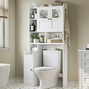 Over The Toilet Storage Cabinet with 3 Doors, Farmhouse Space Saver for Bathroom Organizer with Paper Holder, 10 Shelves and Hooks, 7-Tier Over Washing Machine Cabinet for Laundry, Bathroom, White