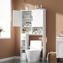 SELOOYE Over The Toilet Storage Cabinet with 2 Barn Doors, Toilet Paper Holder Stand, Adjustable Shelves, White