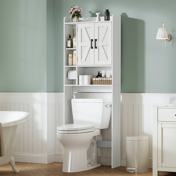 Over The Toilet Storage Cabinet with 4 Open Shelves and Adjustable Shelf, Extra Tall Bathroom Organizer Unit with 2 Barn Doors, Home Space Saver for Bathroom, Laundry Room, White