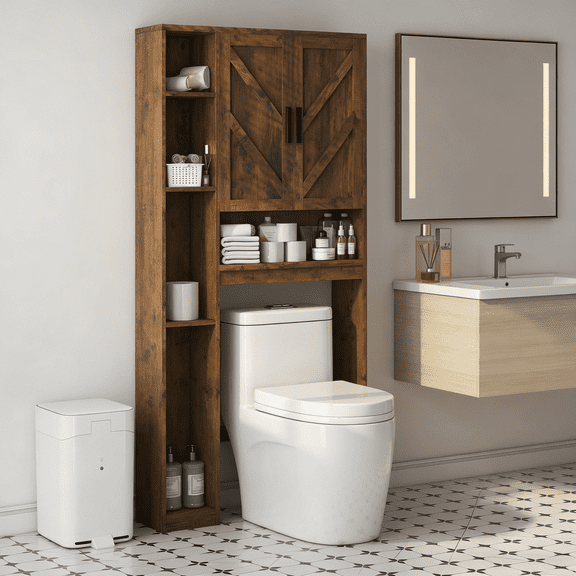 Over The Toilet Storage Cabinet with 7 Shelves, Double Doors, Bathroom Space Saver Organizer, Above Toilet with Open Shelf, Taller Wooden Paper Holder Stand, Free Standing Toilet Rack Brown