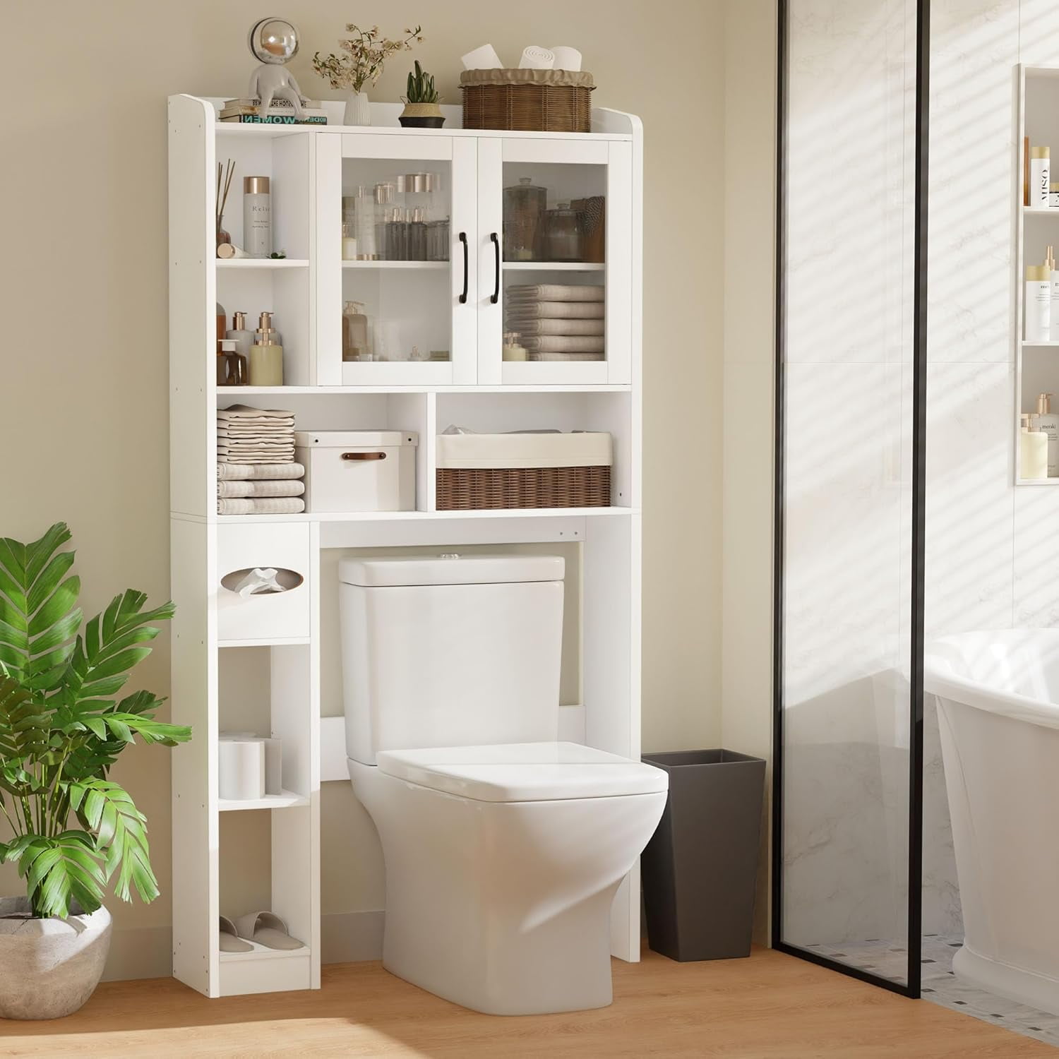 Over The Toilet Storage Cabinet with Acrylic Glass Door and Adjustable ...