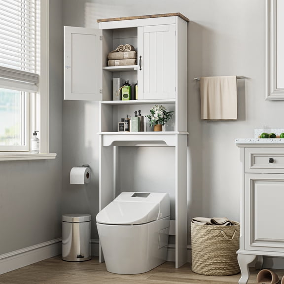 Over The Toilet Storage Cabinet with Adjustable Shelf and Double Doors，2-Tier Storage Compartment, one Open Compartment,Magnetic Stopper，Ideal for Bathroom, Laundry, Restroom – White