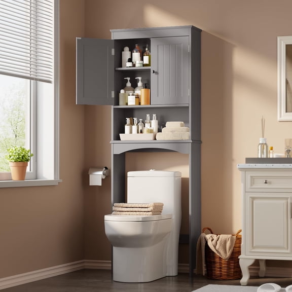 Over The Toilet Storage Cabinet with Adjustable Shelf and Double Doors, Bathroom Space Saver Organizer Above Toilet with Open Shelf, Taller Wooden Free Standing Toilet Rack -Grey