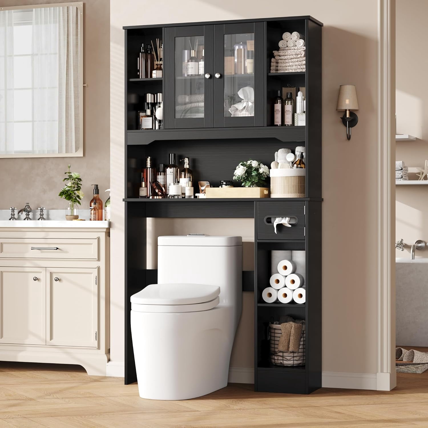 Over The Toilet Storage Cabinet,Bathroom Organizer with Glass Doors and ...