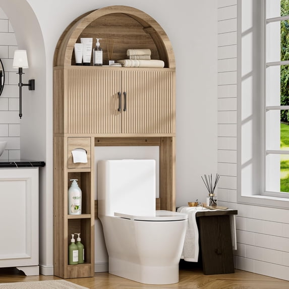 Over The Toilet Storage Cabinet, Bathroom Shelf Organizer Freestanding, Bathroom Arch Cabinet Over Toilet with Toilet Paper Holder and Anti-Tipping Device, Wood
