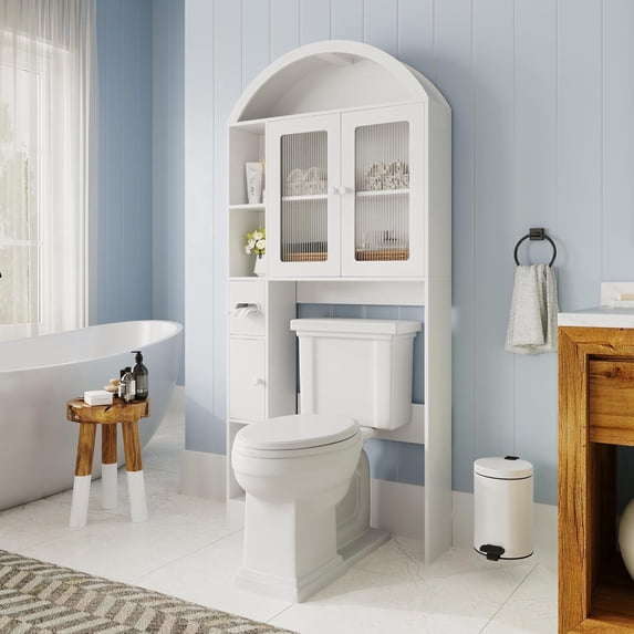 Pusnapku 67" over the Toilet Storage Cabinet, Arched Storage Cabinet with Door and Toilet Paper Holder, Bathroom Shelf Organizer with Adjustable Shelf