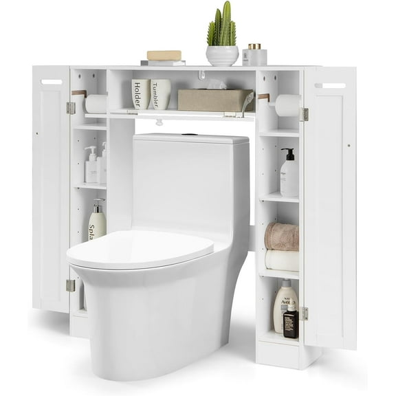 Over The Toilet Storage Cabinet, Bathroom Space Saver Organizer with 2 Side Doors, Adjustable Shelves, Paper Holder, Freestanding Bathroom Cabinet Over Toilet for Small Space, Restroom, White