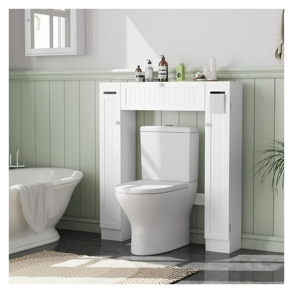 Over The Toilet Storage Cabinet, Bathroom Space Saver with Paper Holder and Adjustable Shelves, Freestanding Toilet Cabinet Organizer with 2 Side Doors and Pull-Down Door, White