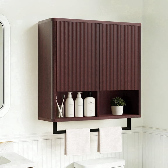 Over Toilet Storage Cabinet, Bathroom Wall Mounted Organizer Cabinet, Hidden 2 Fluted Doors and Open Shelf with Towel Bar, 23.6 x 11.8 x 24.8 Inches,Walnut